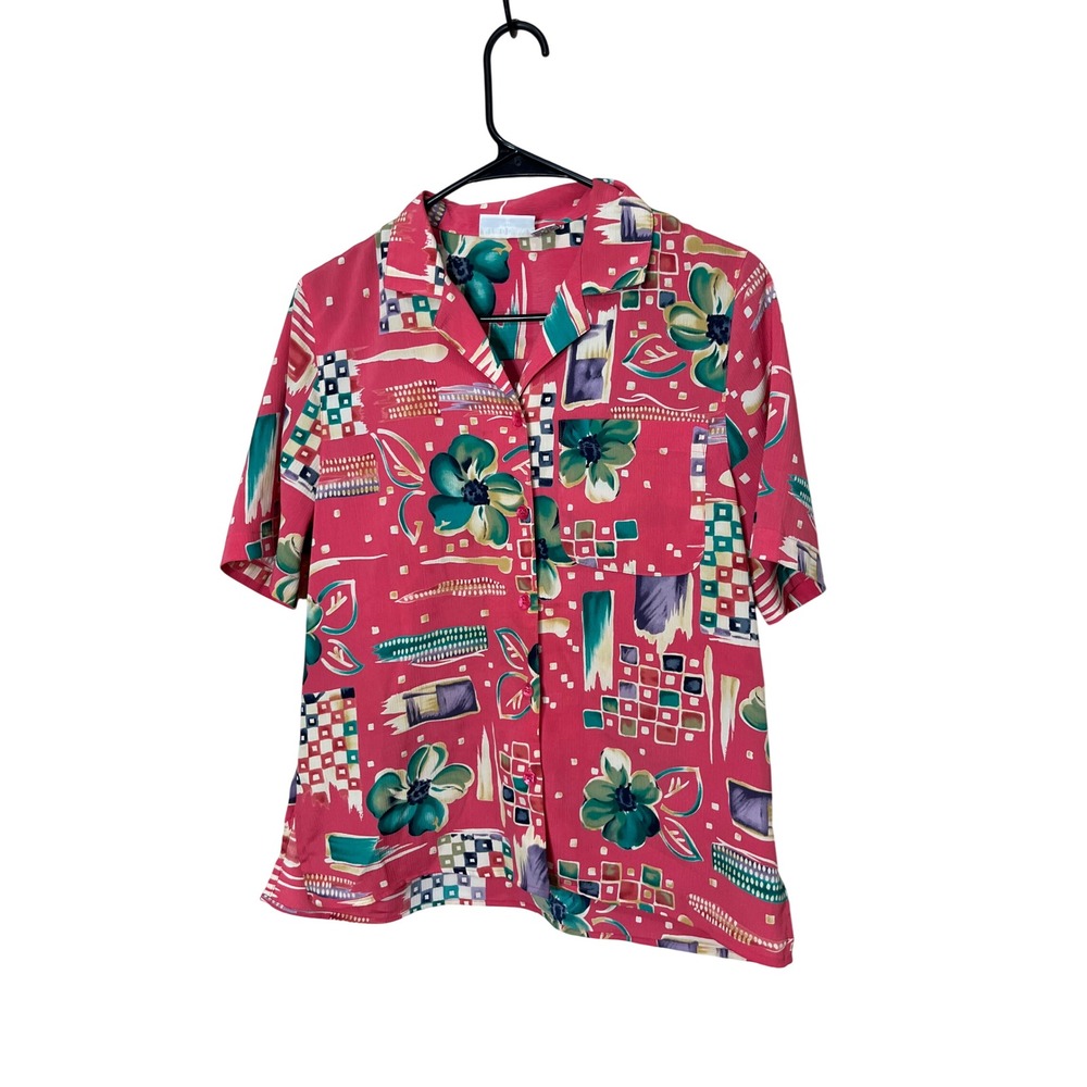 Alfred Dunner Petite 10 Blouse Pink Floral Print Short Sleeve Button Up Top